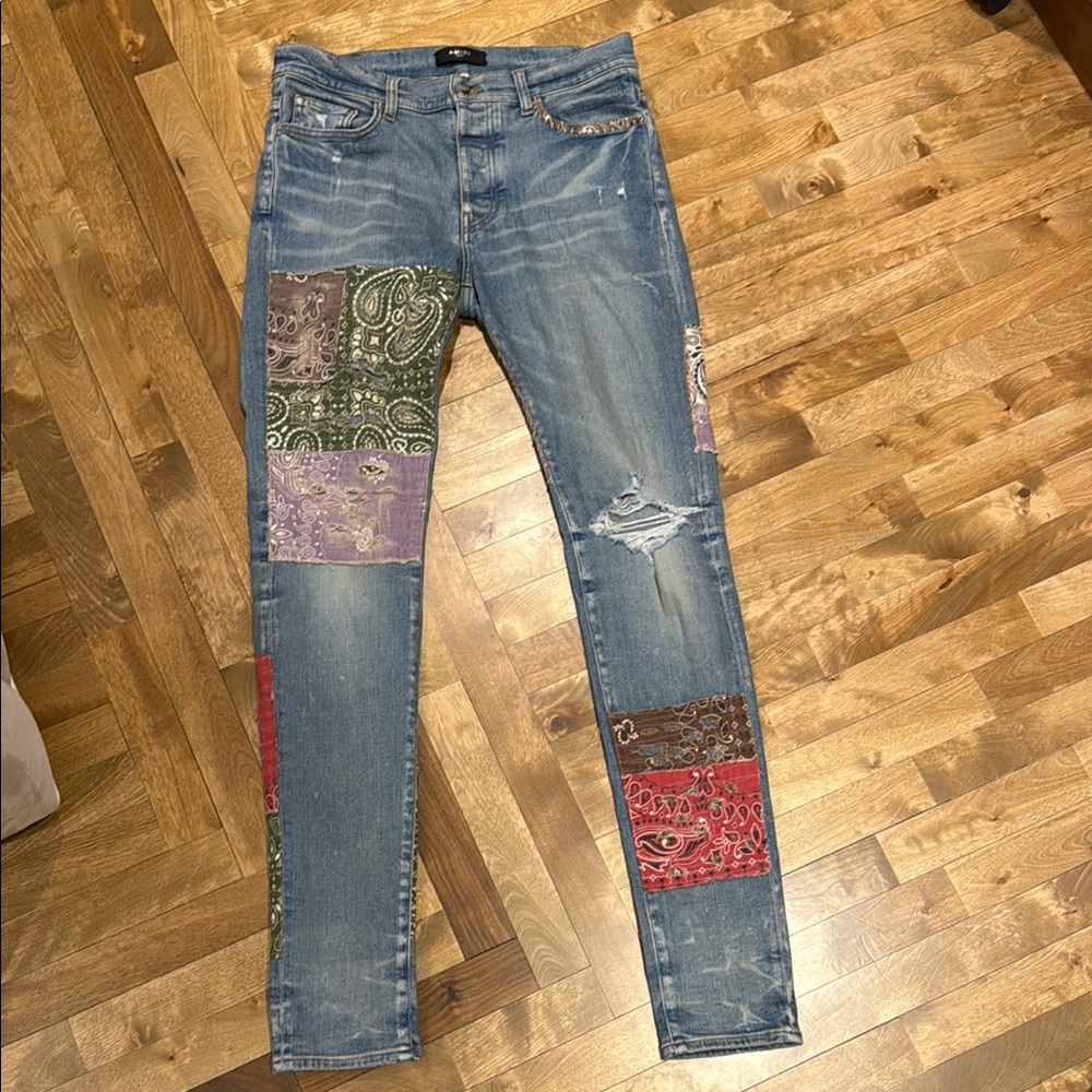 AMIRI Blue and Red Skinny Jeans with Distinctive Artwork